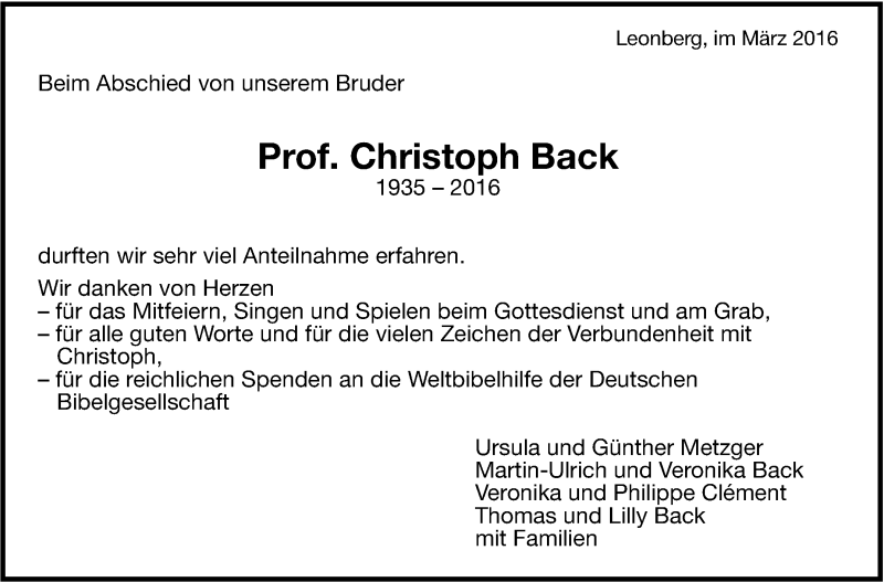  Traueranzeige für Christoph Back vom 08.03.2016 aus Stuttgarter Zeitung / Stuttgarter Nachrichten