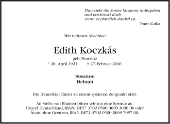 Traueranzeige von Edith Koczkas von Stuttgarter Zeitung / Stuttgarter Nachrichten