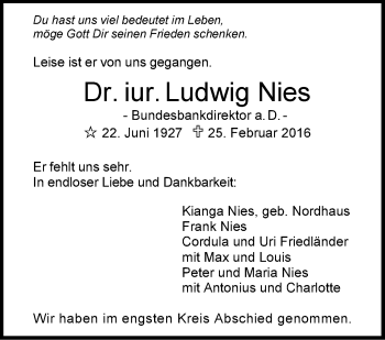 Traueranzeige von Ludwig Nies von Stuttgarter Zeitung / Stuttgarter Nachrichten