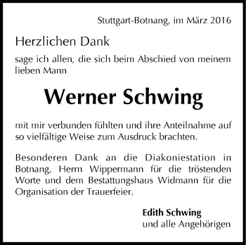 Traueranzeige von Werner Schwing von Stuttgarter Zeitung / Stuttgarter Nachrichten