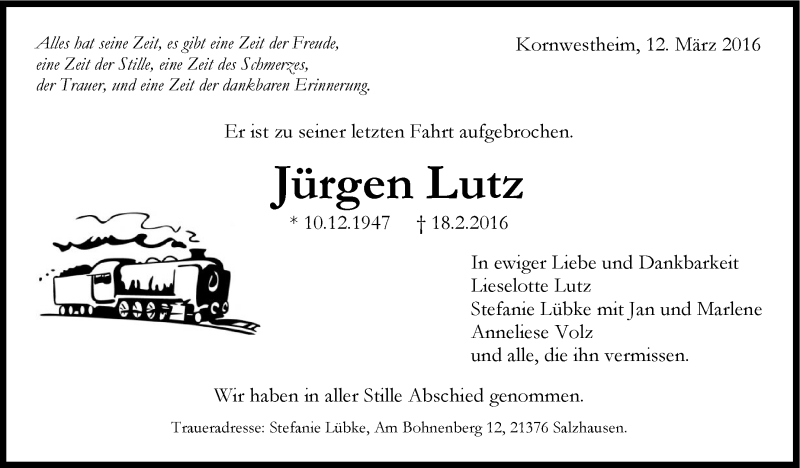  Traueranzeige für Jürgen Lutz vom 12.03.2016 aus Stuttgarter Zeitung / Stuttgarter Nachrichten