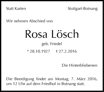 Traueranzeige von Rosa Lösch von Stuttgarter Zeitung / Stuttgarter Nachrichten