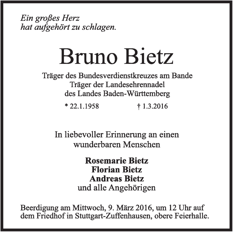  Traueranzeige für Bruno Bietz vom 04.03.2016 aus Stuttgarter Zeitung / Stuttgarter Nachrichten
