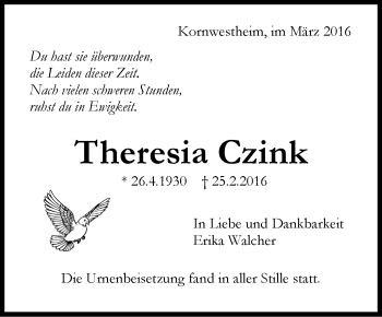 Traueranzeige von Theresia Czink von Stuttgarter Zeitung / Stuttgarter Nachrichten