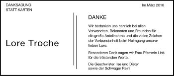 Traueranzeige von Lore Troche von Stuttgarter Zeitung / Stuttgarter Nachrichten