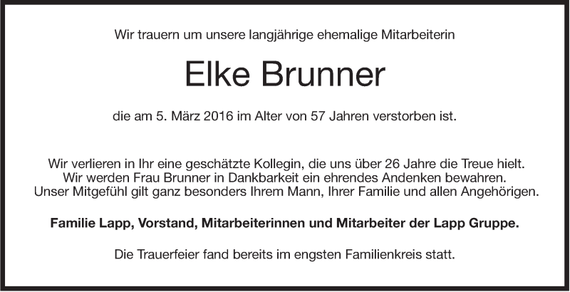  Traueranzeige für Elke Brunner vom 16.03.2016 aus Stuttgarter Zeitung / Stuttgarter Nachrichten