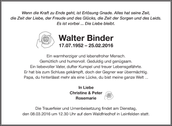 Traueranzeige von Walter Binder von Stuttgarter Zeitung / Stuttgarter Nachrichten