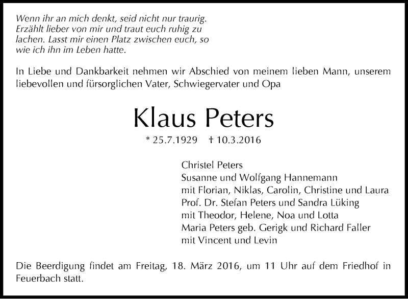  Traueranzeige für Klaus Peters vom 12.03.2016 aus Stuttgarter Zeitung / Stuttgarter Nachrichten