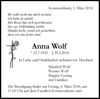 Traueranzeige von Anna Wolf von Stuttgarter Zeitung / Stuttgarter Nachrichten