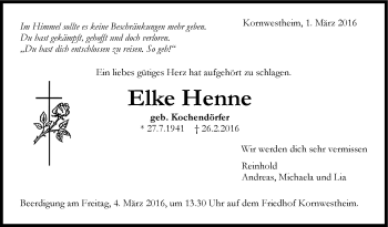 Traueranzeige von Elke Henne von Stuttgarter Zeitung / Stuttgarter Nachrichten