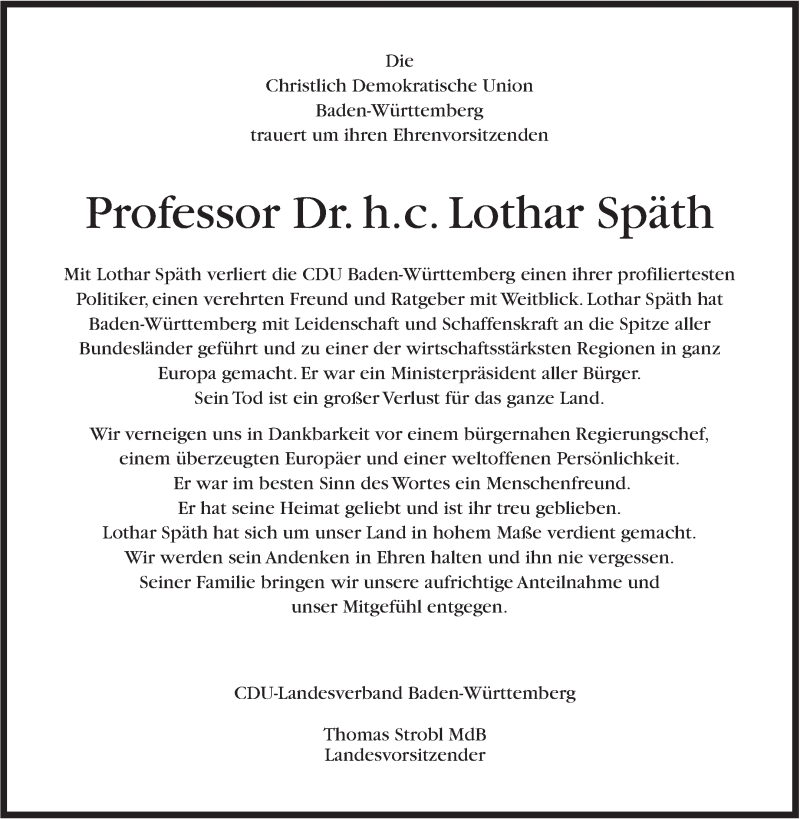  Traueranzeige für Lothar Späth vom 22.03.2016 aus Stuttgarter Zeitung / Stuttgarter Nachrichten