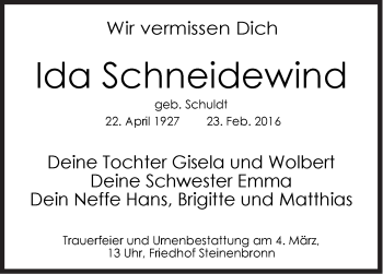 Traueranzeige von Ida Schneidewind von Stuttgarter Zeitung / Stuttgarter Nachrichten