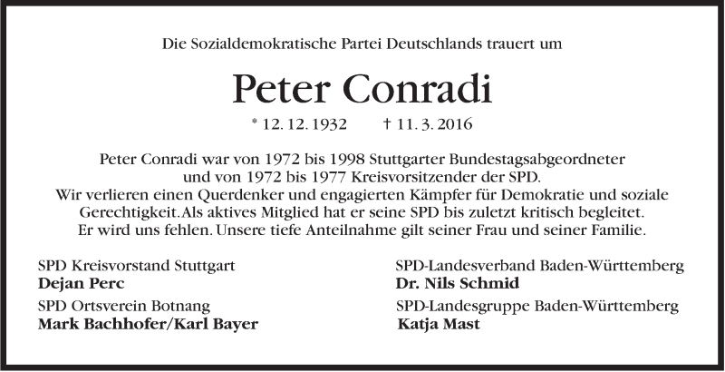  Traueranzeige für Peter Conradi vom 15.03.2016 aus Stuttgarter Zeitung / Stuttgarter Nachrichten