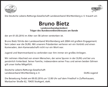 Traueranzeige von Bruno Bietz von Stuttgarter Zeitung / Stuttgarter Nachrichten