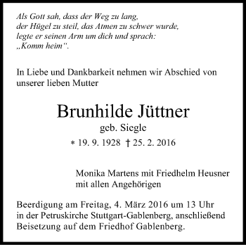 Traueranzeige von Brunhilde Jüttner von Stuttgarter Zeitung / Stuttgarter Nachrichten