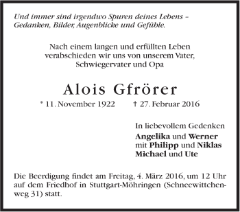 Traueranzeige von Alois Gfrörer von Stuttgarter Zeitung / Stuttgarter Nachrichten