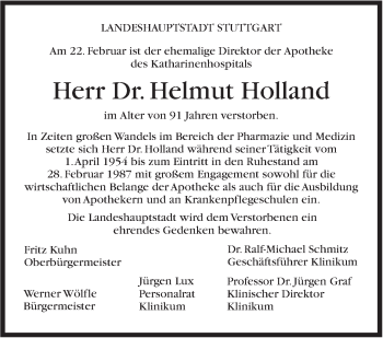 Traueranzeige von Helmut Holland von Stuttgarter Zeitung / Stuttgarter Nachrichten