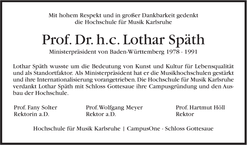  Traueranzeige für Lothar Späth vom 30.03.2016 aus Stuttgarter Zeitung / Stuttgarter Nachrichten