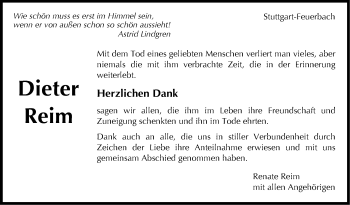 Traueranzeige von Dieter Reim von Stuttgarter Zeitung / Stuttgarter Nachrichten