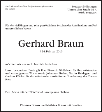 Traueranzeige von Gerhard Braun von Stuttgarter Zeitung / Stuttgarter Nachrichten