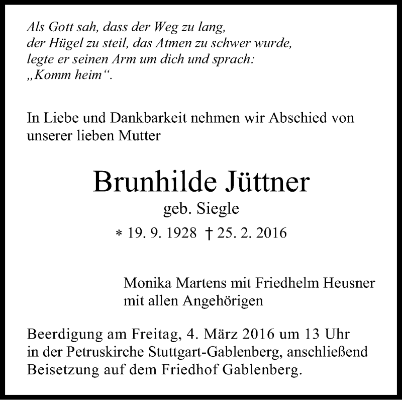  Traueranzeige für Brunhilde Jüttner vom 01.03.2016 aus Stuttgarter Zeitung / Stuttgarter Nachrichten