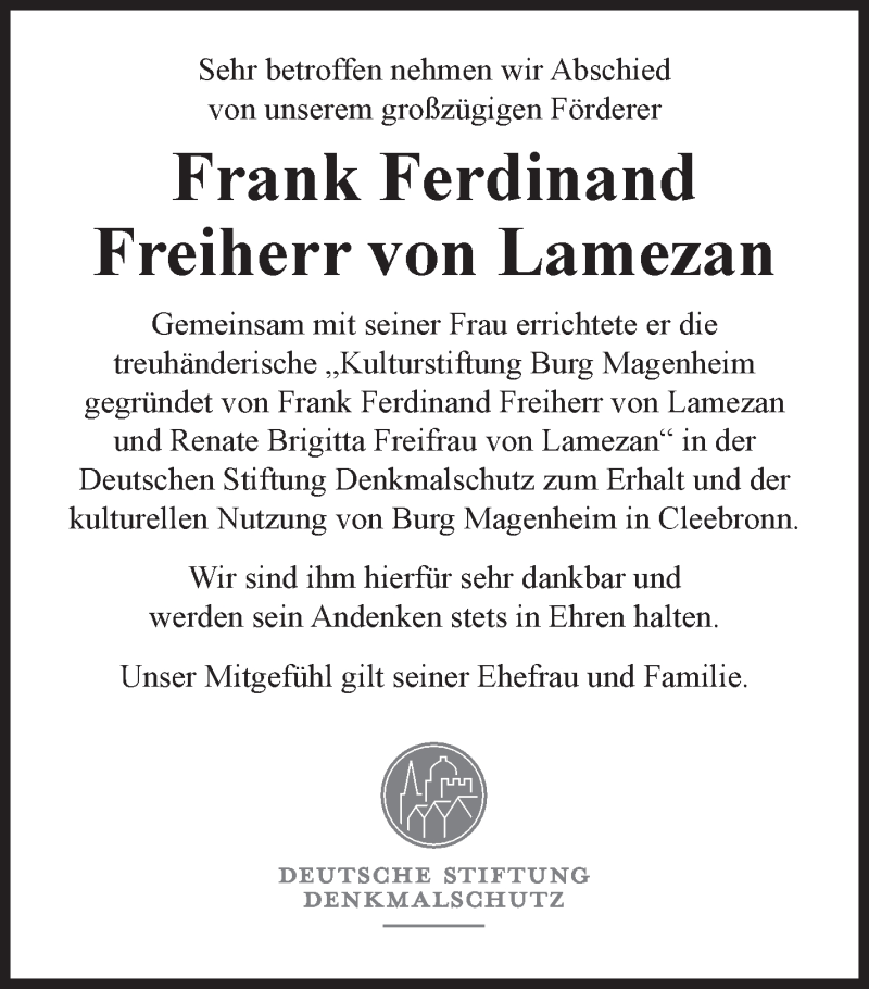  Traueranzeige für Frank Ferdinand Freiherr von Lamezan vom 26.03.2016 aus Stuttgarter Zeitung / Stuttgarter Nachrichten