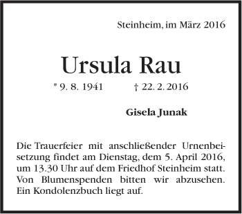 Traueranzeige von Ursula Rau von Stuttgarter Zeitung / Stuttgarter Nachrichten