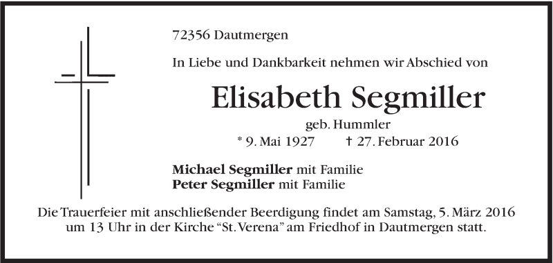  Traueranzeige für Elisabeth Segmiller vom 02.03.2016 aus Stuttgarter Zeitung / Stuttgarter Nachrichten