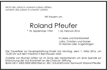 Traueranzeige von Roland Pfeufer von Stuttgarter Zeitung / Stuttgarter Nachrichten