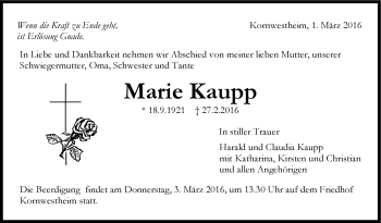 Traueranzeige von Marie Kaupp von Stuttgarter Zeitung / Stuttgarter Nachrichten