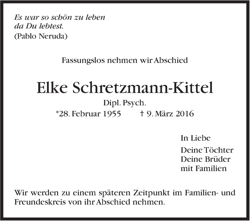  Traueranzeige für Elke Schretzmann-Kittel vom 16.03.2016 aus Stuttgarter Zeitung / Stuttgarter Nachrichten