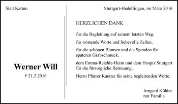 Traueranzeige von Werner Will von Stuttgarter Zeitung / Stuttgarter Nachrichten