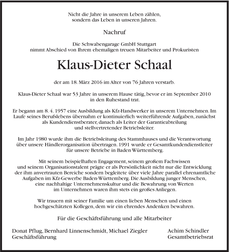  Traueranzeige für Klaus-Dieter Schaal vom 31.03.2016 aus Stuttgarter Zeitung / Stuttgarter Nachrichten