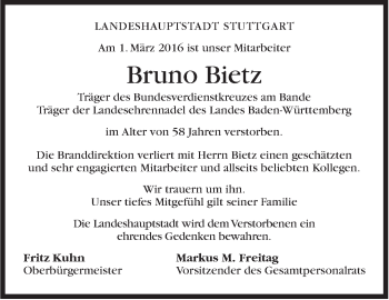 Traueranzeige von Bruno Bietz von Stuttgarter Zeitung / Stuttgarter Nachrichten