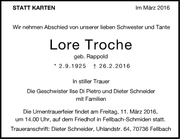 Traueranzeige von Lore Troche von Stuttgarter Zeitung / Stuttgarter Nachrichten