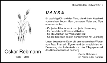 Traueranzeige von Oskar Rebmann von Stuttgarter Zeitung / Stuttgarter Nachrichten