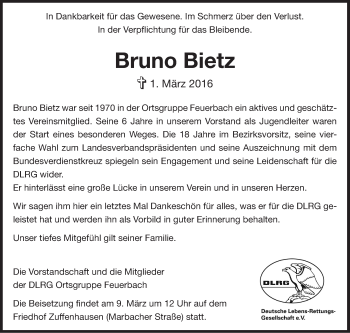Traueranzeige von Bruno Bietz von Stuttgarter Zeitung / Stuttgarter Nachrichten