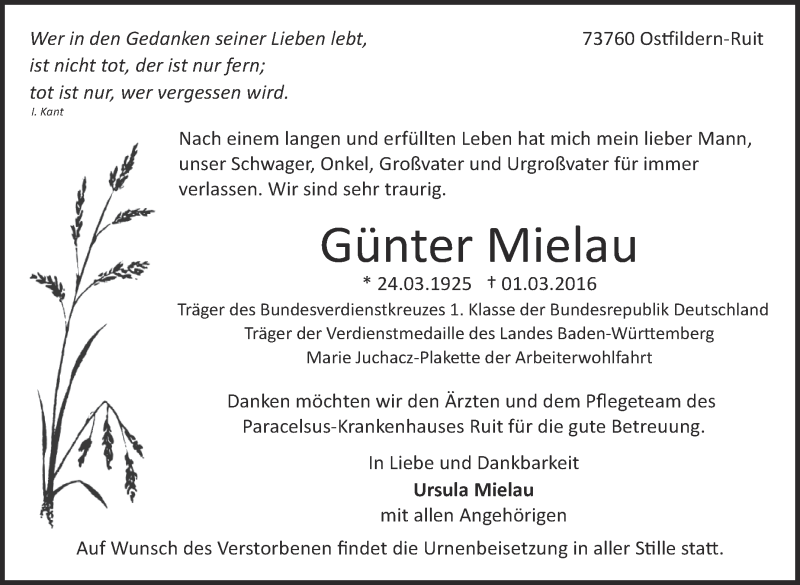  Traueranzeige für Günter Mielau vom 05.03.2016 aus Stuttgarter Zeitung / Stuttgarter Nachrichten