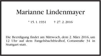 Traueranzeige von Marianne Lindenmayer von Stuttgarter Zeitung / Stuttgarter Nachrichten