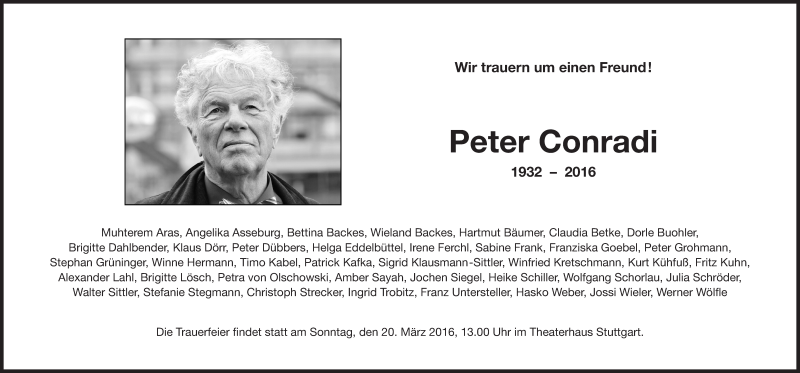  Traueranzeige für Peter Conradi vom 19.03.2016 aus Stuttgarter Zeitung / Stuttgarter Nachrichten