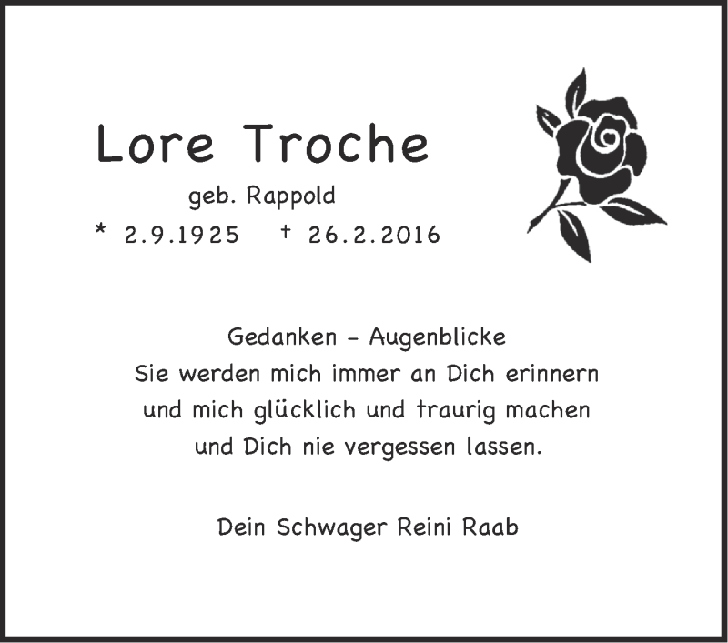 Traueranzeige für Lore Troche vom 05.03.2016 aus Stuttgarter Zeitung / Stuttgarter Nachrichten