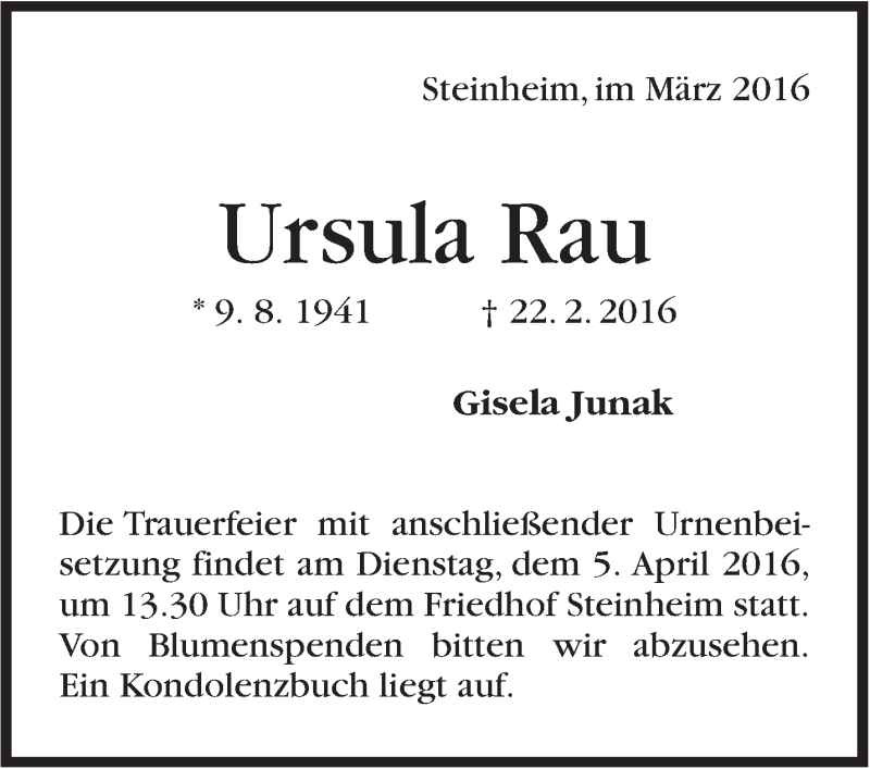  Traueranzeige für Ursula Rau vom 31.03.2016 aus Stuttgarter Zeitung / Stuttgarter Nachrichten