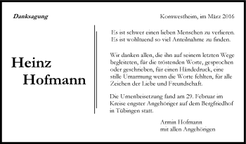 Traueranzeige von Heinz Hofmann von Stuttgarter Zeitung / Stuttgarter Nachrichten