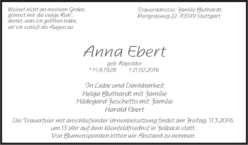 Traueranzeige von Anna Ebert von Stuttgarter Zeitung / Stuttgarter Nachrichten