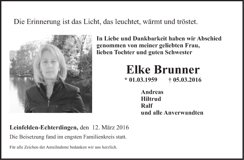  Traueranzeige für Elke Brunner vom 12.03.2016 aus Stuttgarter Zeitung / Stuttgarter Nachrichten