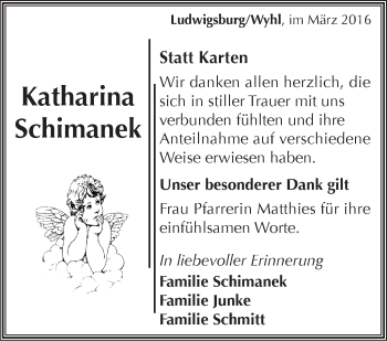 Traueranzeige von Katharina Schimanek von Stuttgarter Zeitung / Stuttgarter Nachrichten