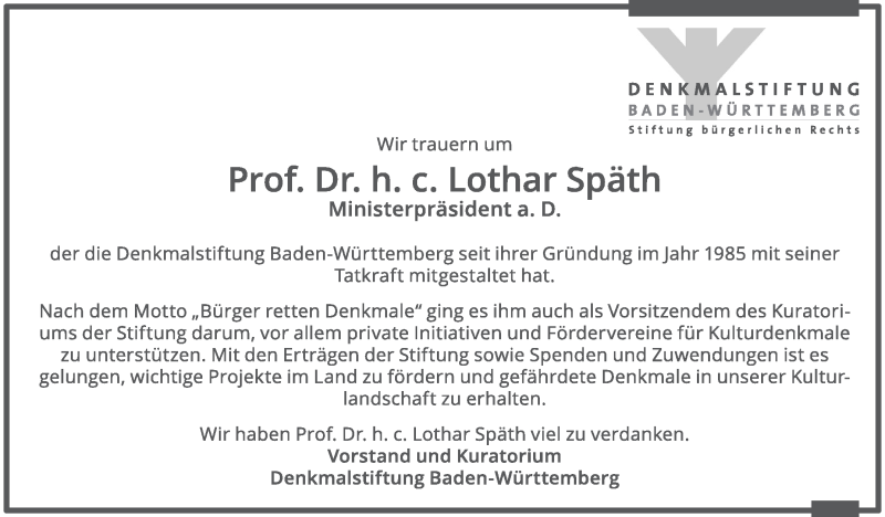  Traueranzeige für Lothar Späth vom 22.03.2016 aus Stuttgarter Zeitung / Stuttgarter Nachrichten