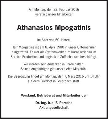 Traueranzeige von Athanasios Mpogatinis von Stuttgarter Zeitung / Stuttgarter Nachrichten