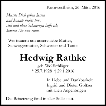 Traueranzeige von Hedwig Rathke von Stuttgarter Zeitung / Stuttgarter Nachrichten