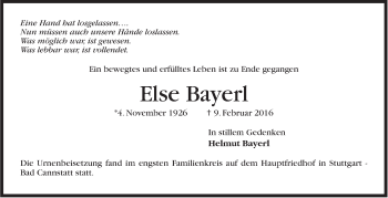 Traueranzeige von Else Bayerl von Stuttgarter Zeitung / Stuttgarter Nachrichten